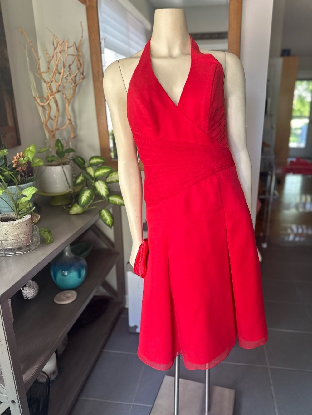 Vintage Red Halter Dress with Sheer Scarf and matching Red Purse Sz 6